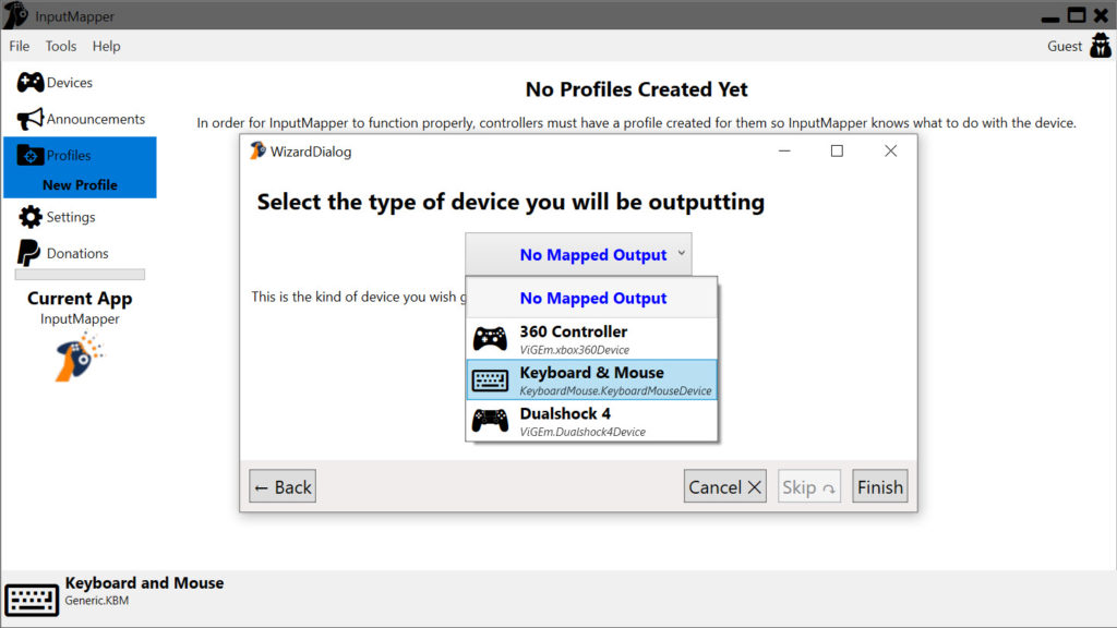 InputMapper controller mapping interface showing DualShock 4 button remapping and Xbox 360 emulation